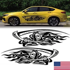 2Pcs 5.9Ft Black Side Body Door Death Skull Sticker Vinyl Decal Car Truck SUV