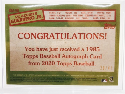 Vladimir Guerrero Jr/47 2020 Topps 1985 autógrafo Blue Jays BGS 9 automático #85A en muy buen estado - Imagen 4 de 10