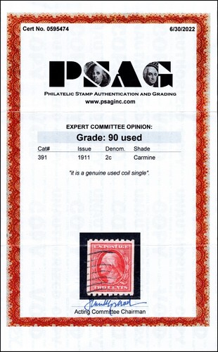 Scott 391 - 2 Cents Washington - Used - PSAG Cert GR 90 - SCV - $150.00 - Picture 3 of 3