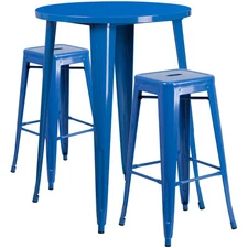 30'' Round Blue Metal Indoor-Outdoor Restaurant Bar Table Set w/2 Barstools