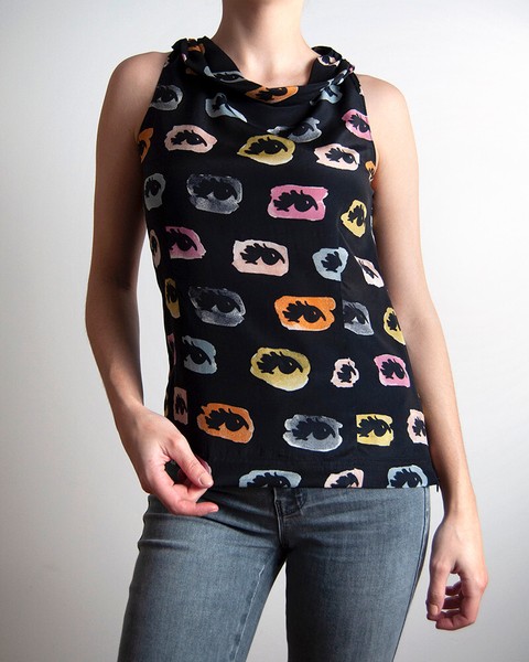 MOSCHINO CHEAP & CHIC Size IT 42 Black eye print silk blouse colored laced back