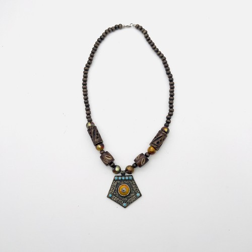 Beaded Necklace w/Metal and Turquoise Beaded Pendant 24" End to End - Picture 2 of 6