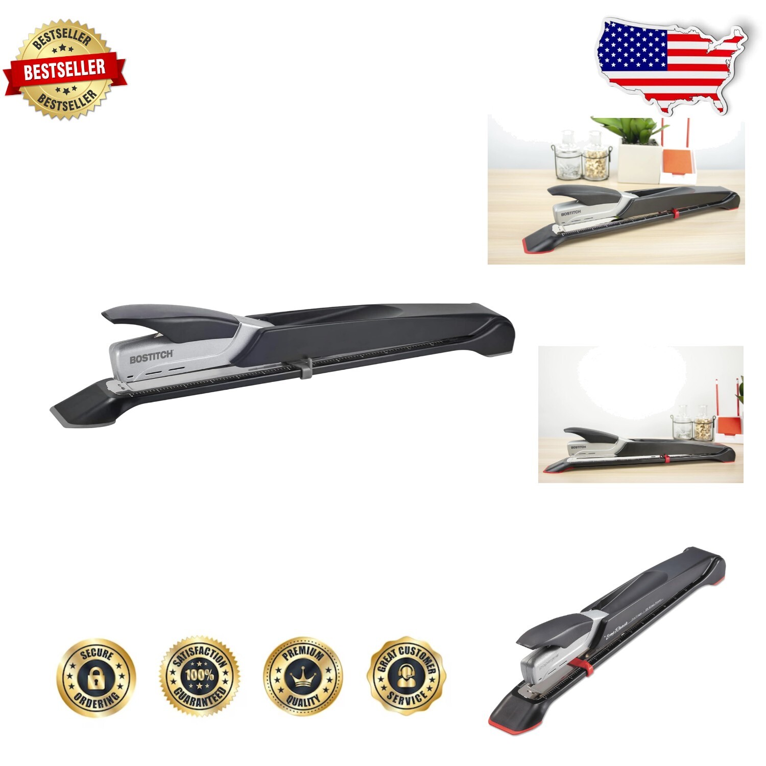 Bostitch One-Finger Stapler - 25 Sheet Capacity with Built-in Ruler & Guide-image