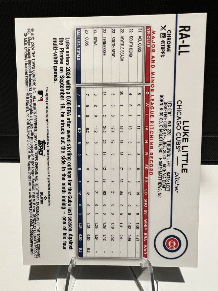 Topps Chrome 2024 Luke Little Rookie Gold Refractor Auto /50 RA-LL RC Cubs - Image 2 of 2