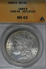 1889 $1 VAM 5A Hitlist 40, MS 62 ANACS, Morgan Silver $1 Miss Liberty Head