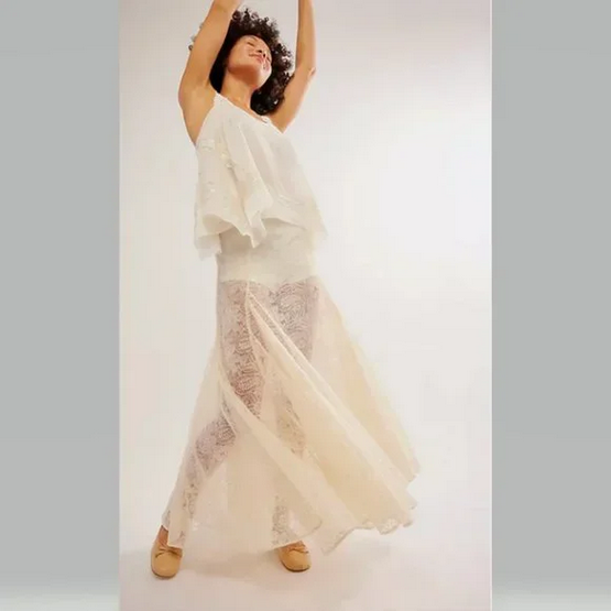 Free People Beat of the Moment Lace Maxi Skirt Sheer with