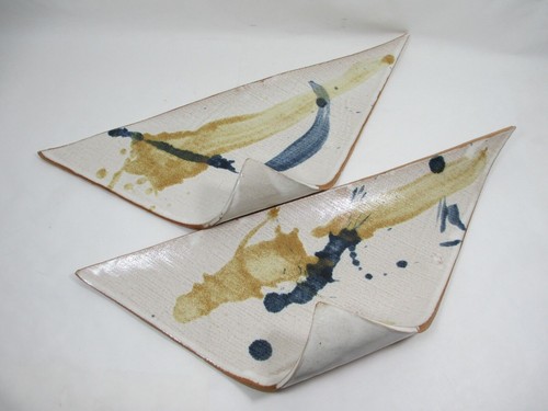 2 Unique Handmade Mid Modern Clay Sushi Plates Wht Glaze Splashed Blue Gold Art - Picture 4 of 12