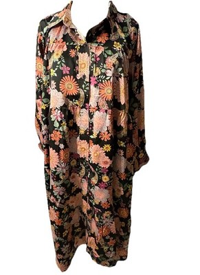 &Merci Midnight Garden Midi Boho Flowy Cottagecore Button Up Dress Long Sleeve S