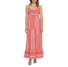 Liverpool LA Coral Stripe Cotton Tiered Racerback Maxi Dress Pink Orange NEW