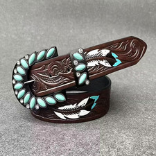 WOMEN MEN WESTERN BROWN LEATHER BELT TURQUOISE Size Med belt length is 43in NEW
