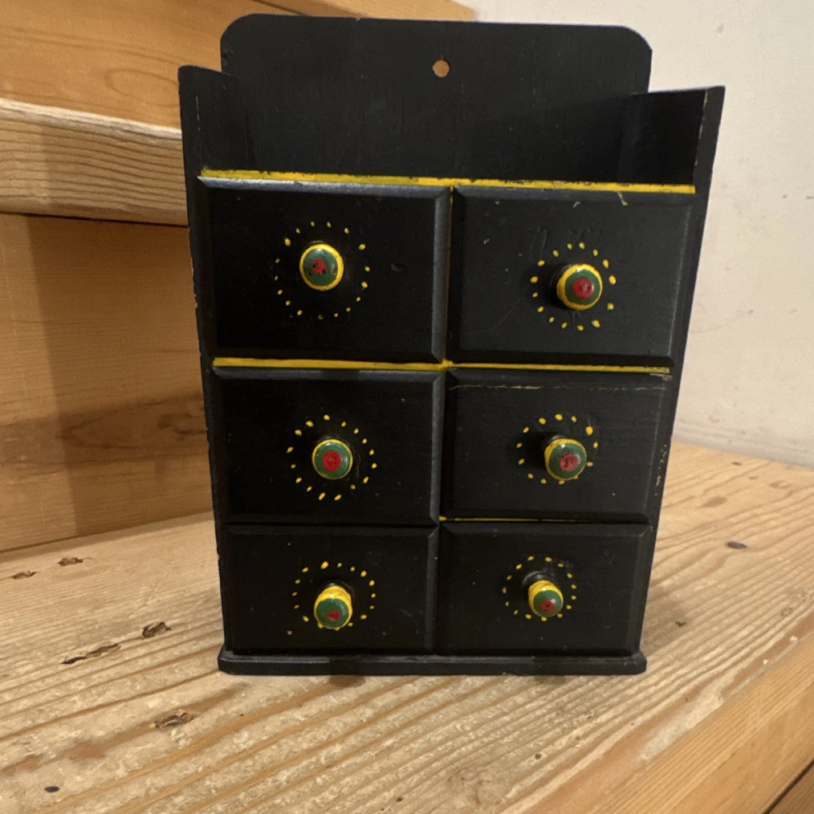 Handmade Vintage Hand Painted Wooden Spice Rack 6 Drawers Black Yellow 1963