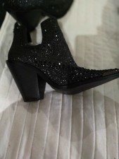 Black Glitter Rhinestone Ankle Bootie Pointed Toe Women's Cone Heel Boots 7.5M