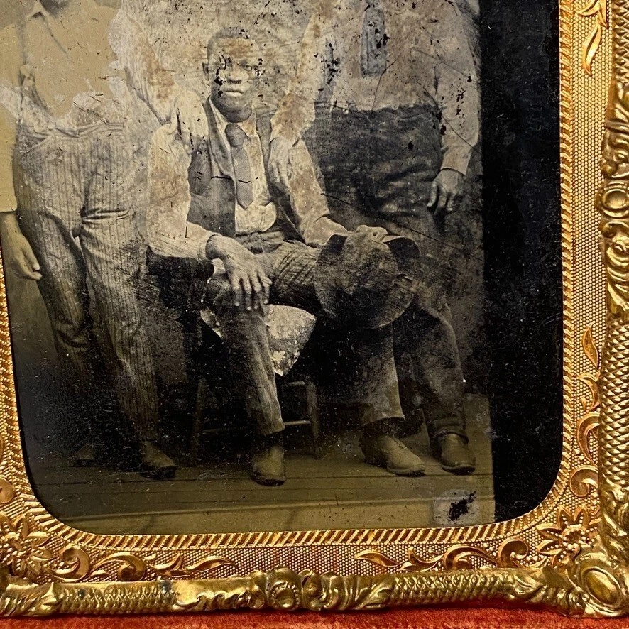1/6 盘 Tintype 照片 3 非裔美国工人 1880 年代工会案例划痕 — 第 4/4 张图片