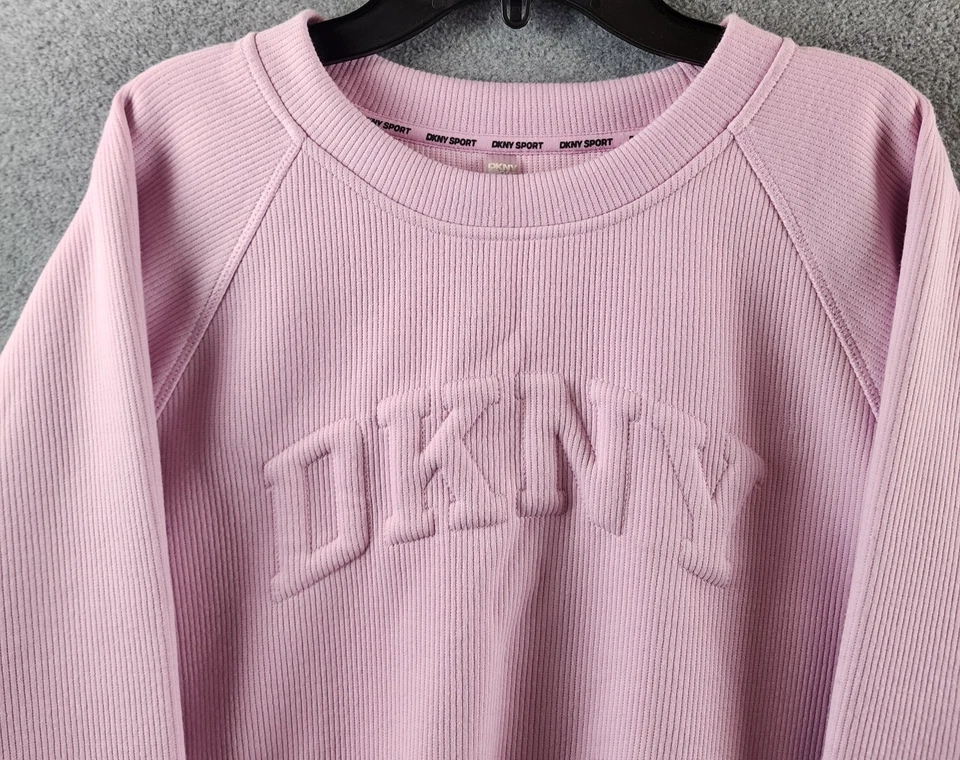 Sudadera DKNY Sport Varsity Logo Hinchado Cordón Para Mujer L Rosa Laven Pullover Foto 3 de 4