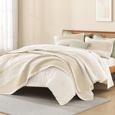 Litanika King Size Quilt Beige Stripe Patchwork Summer Bedspread Coverlet 3 Piec