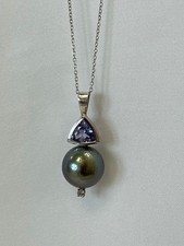 11mm Black SouthSea Pearl and Tanzanite Pendant in 14k White Gold
