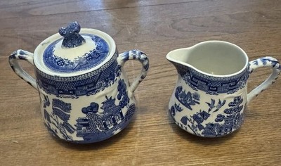 Antique Ridgeway Semi-China England Blue Willow Creamer & Sugar Bowl W/ Lid Rare