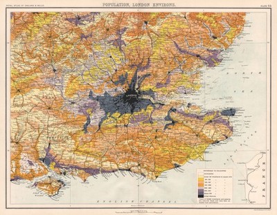 HOME COUNTIES & LONDON Bevölkerungsdichte. BARTHOLOMÄUS 1898 alte antike Landkarte