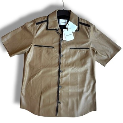NWT Nanushka Short Sleeve Button Up Gold BODIL Vegan Leather Shirt Size Small