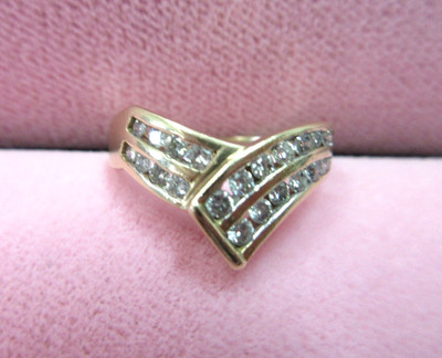 Magic Glo Solid 10k Y.  Gold Chevron V Shapve Natural Channel Set Didamond Ring