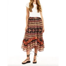 LOVE THE LABEL Ruffled Midi Skirt Size XS In Black Multi Tiered Nomadic Boho NWT