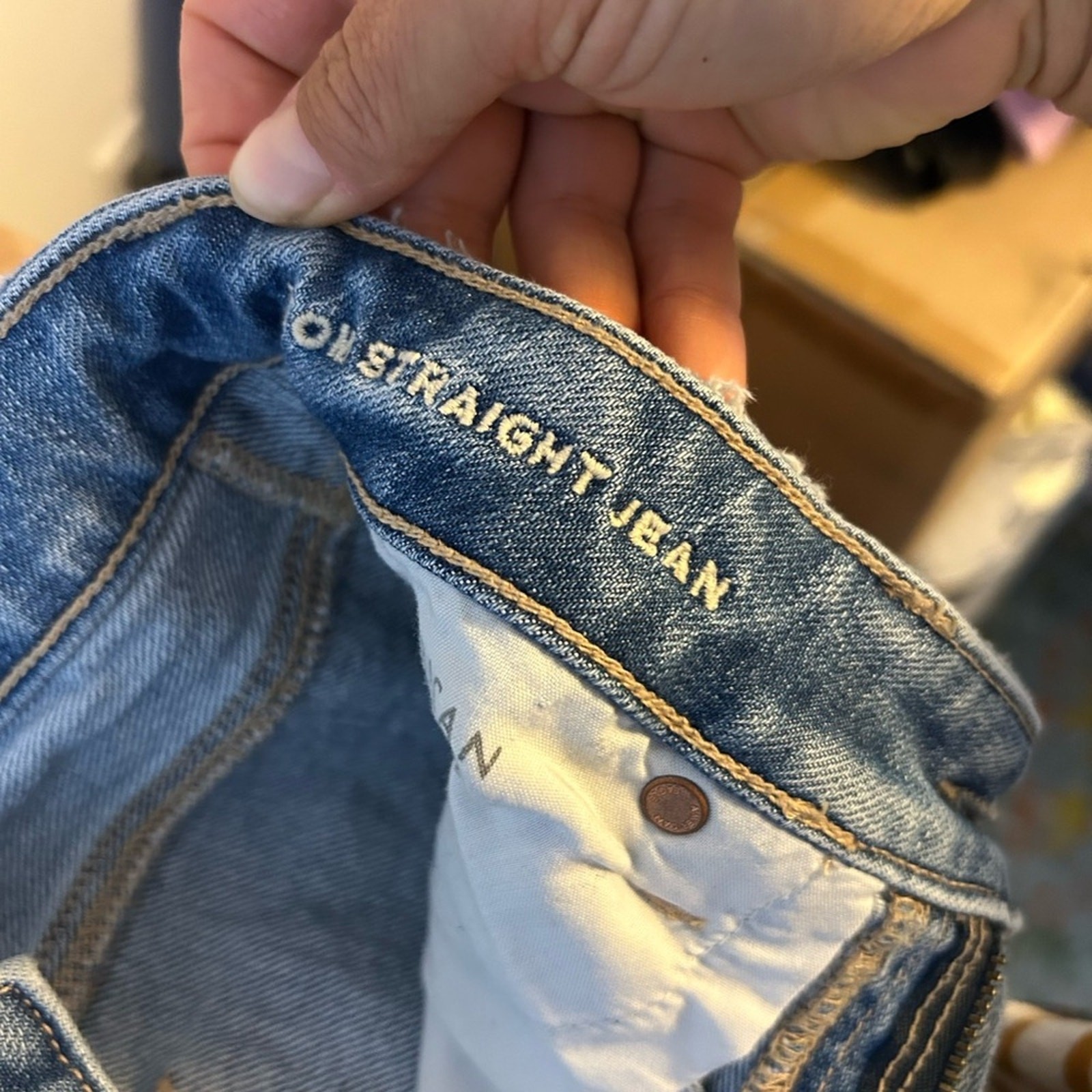 American Eagle Distressed Blue Patchwork Mom Stra… - image 5