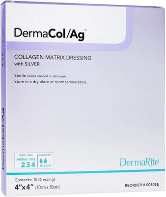 DermaRite DermaCol/Ag Collagen Dressing 4x4'' Silver Chloride Non-Adhesive, 10 Ct