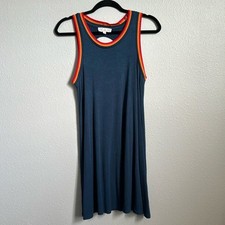 Small, Pink Rose dress, blue, multicolored stripes trim, T-shirt dress