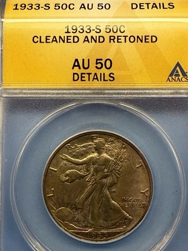 1933-S 50C Walking Liberty Half Dollar ANACS AU 50 details cleaned. Nicely toned