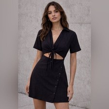 ASTR Black Cutout Mini Dress Size S Tie Front Linen Blend Going Out