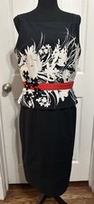 David Meister Made In USA Midi Dress Size 10 Black White Floral Red Accent Belt