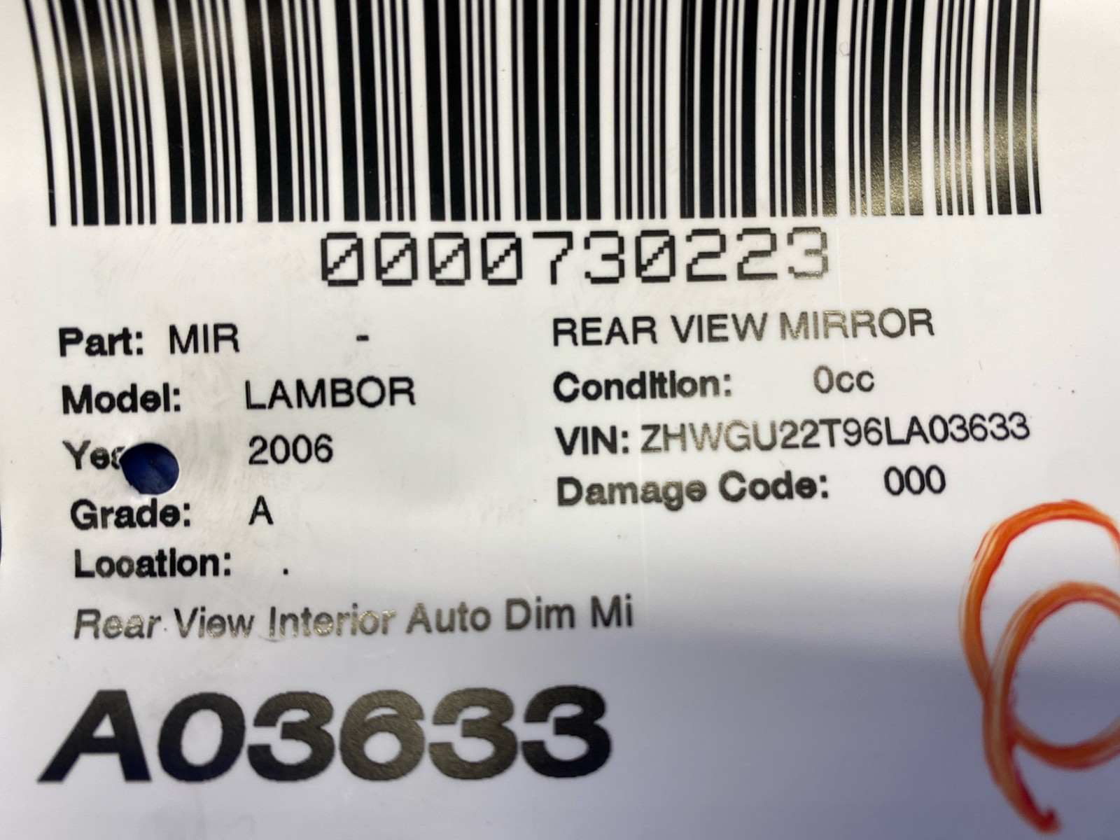 2006 Lamborghini Gallardo LP520-4 Oem Rear View Interior Auto Dim Mirror Black