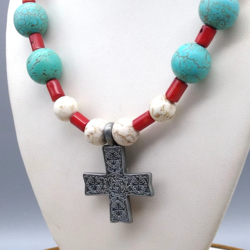 Howlite Beaded Pendant Necklace, Celtic Cross in Pewter Tone with Blue and White - Image 3 of 4