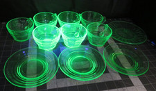 11 Piece Uranium Lime Green Vaseline Glass UV Glow Blacklight Dish Set