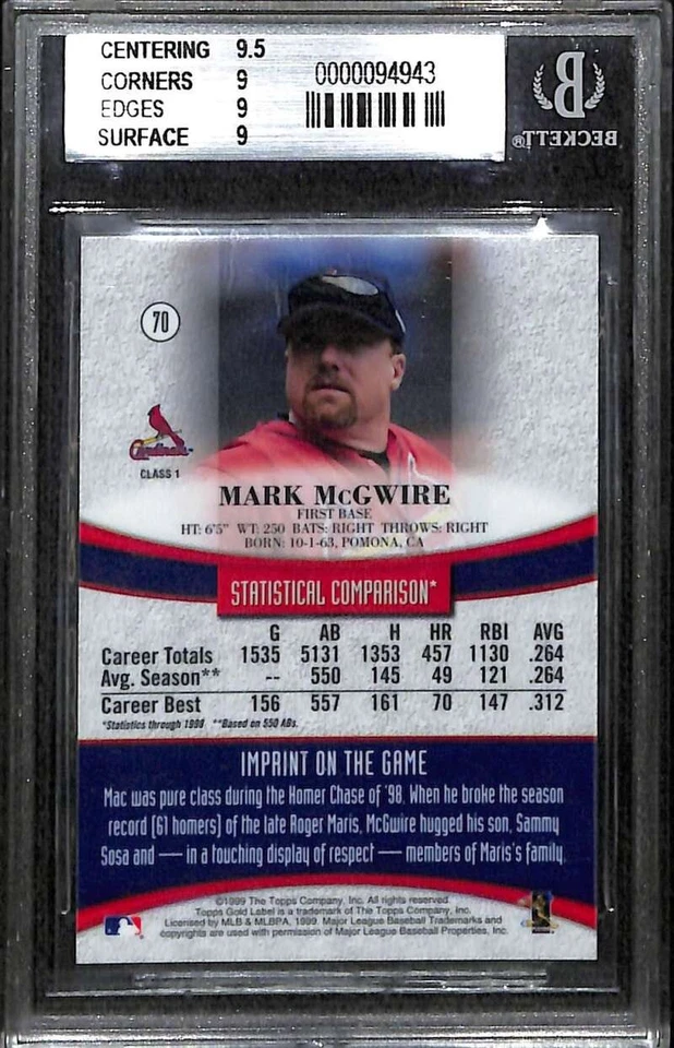 1999 Topps Gold Label Mark McGwire Class 1 #70 BGS 9 Cardinals SE2432 - Image 2 of 2