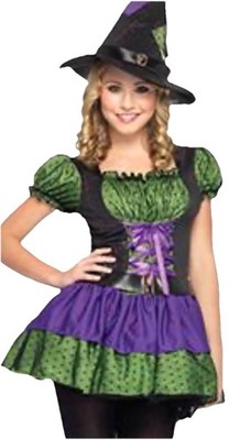 Leg Avenue Hocus Pocus Witch DRESS Hat Purple Green CORSET Lace Ruffle Halloween