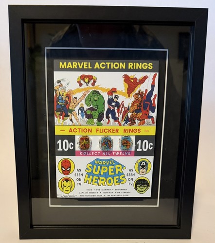 1960's FRAMED MARVEL COMICS FLICKER RINGS ON CARD set #2