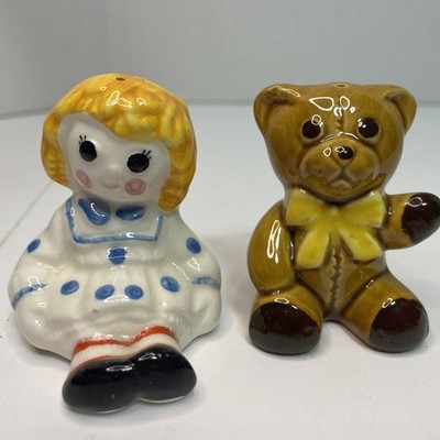 Vintage Avon Hand Painted Doll w/ Teddy Bear Collector Salt & Pepper Shaker Set