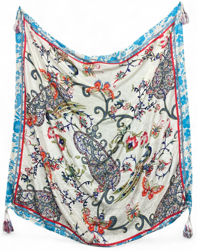 Johnny Was Seidentuch Quasten bunt Pfauen Blumen Paisley Schmetterling Boho