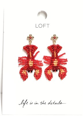 Loft Beaded Lobster Dangle Drop Earrings Tango Red Orange Goldtone New with Tags