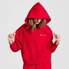 Champion Women's Cropped Hooded Fleece Zip-Up Hoodie - Tango Red M