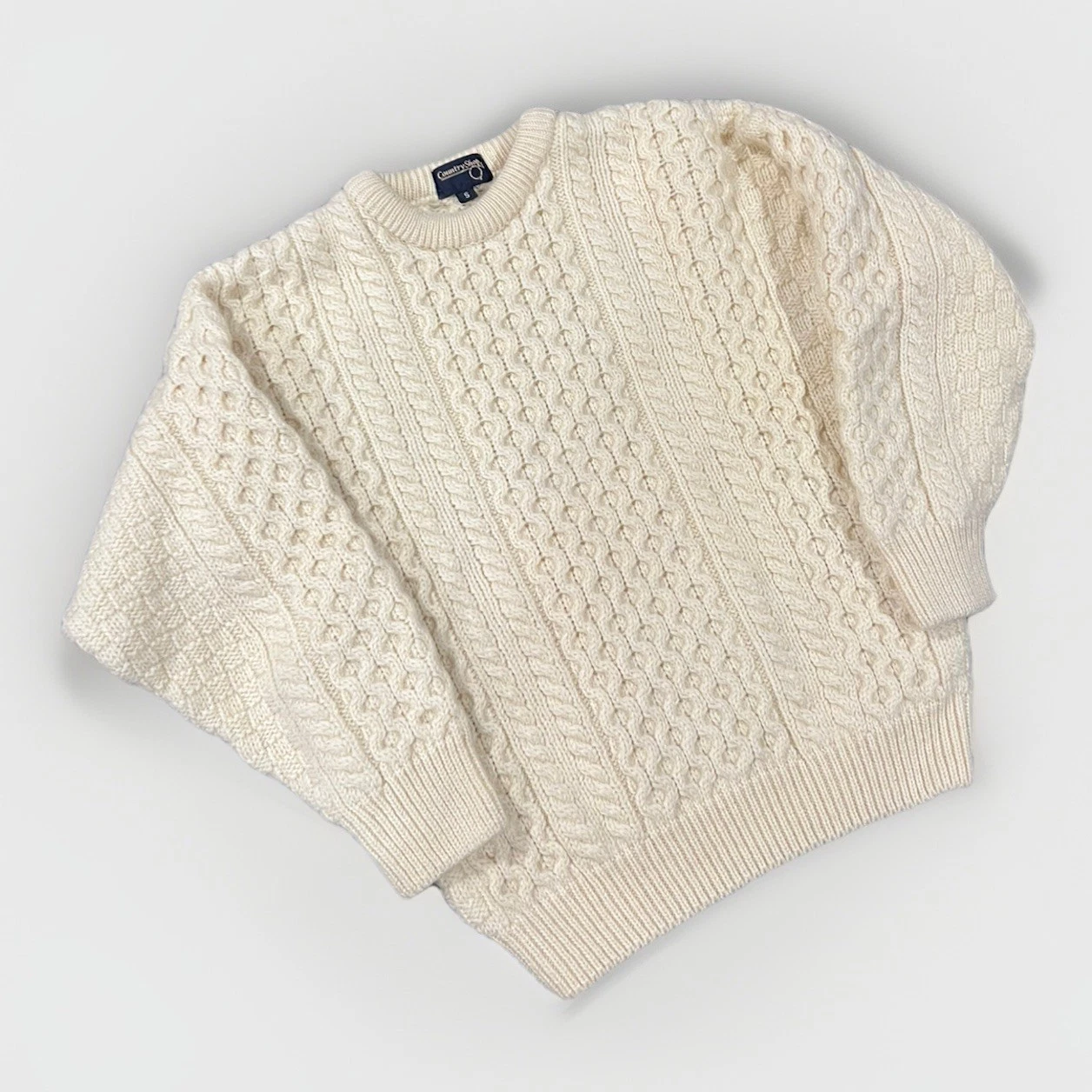 Country Side Hand Knit Cream Wool Cable Knit Sweater Fisherman Style