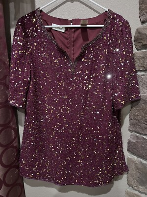 SCALA VTG Gorgeous Women's 1X Sequence Beaded Burgundy/wine Short Sleeve Blouse