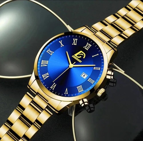 Mens Watch Business Gold Stainless Steel Gents Quartz Analogue Wrist Watch Blue - Picture 4 of 9