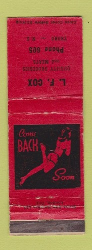 Matchbook Cover - LF Cox Gorcery girlie Truro NS low phone # WORN