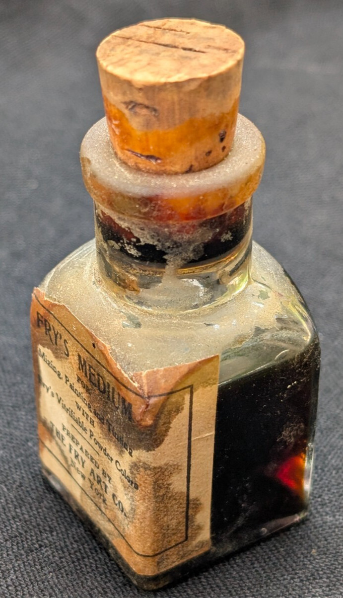 ANTIQUE VTG FRY'S ART CO. MEDIUM FOR MIXING EMBOSSED GLASS BOTTLE CORK 3/4 FULL