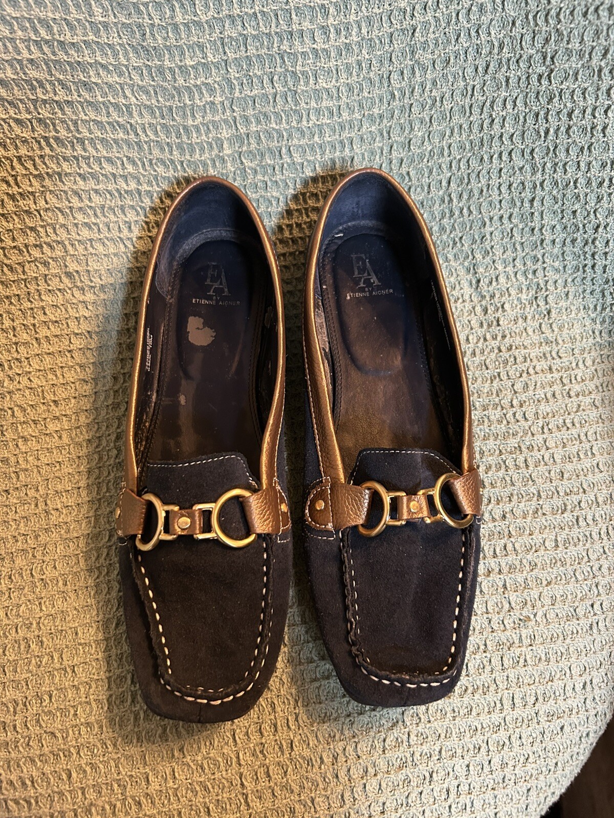 Loafers Womens Slip On Shoes Blue Suede Bronze Gold Buckle Sz 10M Etienne Aigner-image
