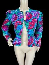 80s VINTAGE Super-Fitted Floral Silk Puff Sleeve Retro Crop Jacket Blazer M