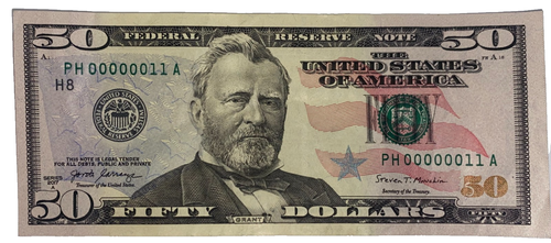 $50 Bill PH 00000011 A True Binary Sum 2 Very Low Serial Number