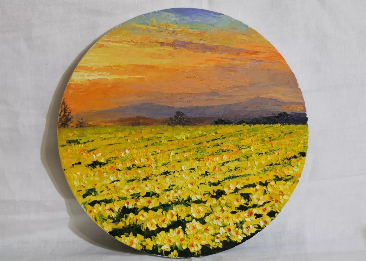 Daffodil Original Oil Painting Round Canvas Ø12 Holland Landscape  Narcissus Art